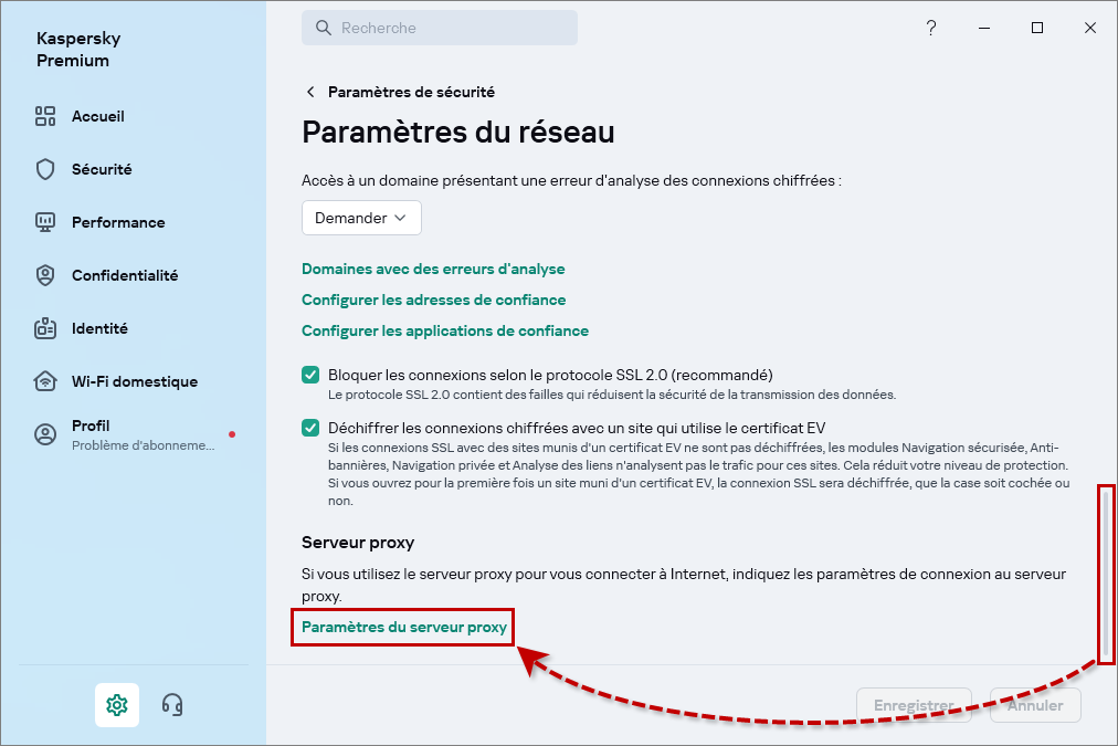 Accéder aux paramètres du serveur proxy dans l'application de Kaspersky.