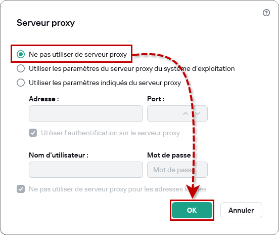 Désactiver l'utilisation du serveur proxy dans l’application de Kaspersky.