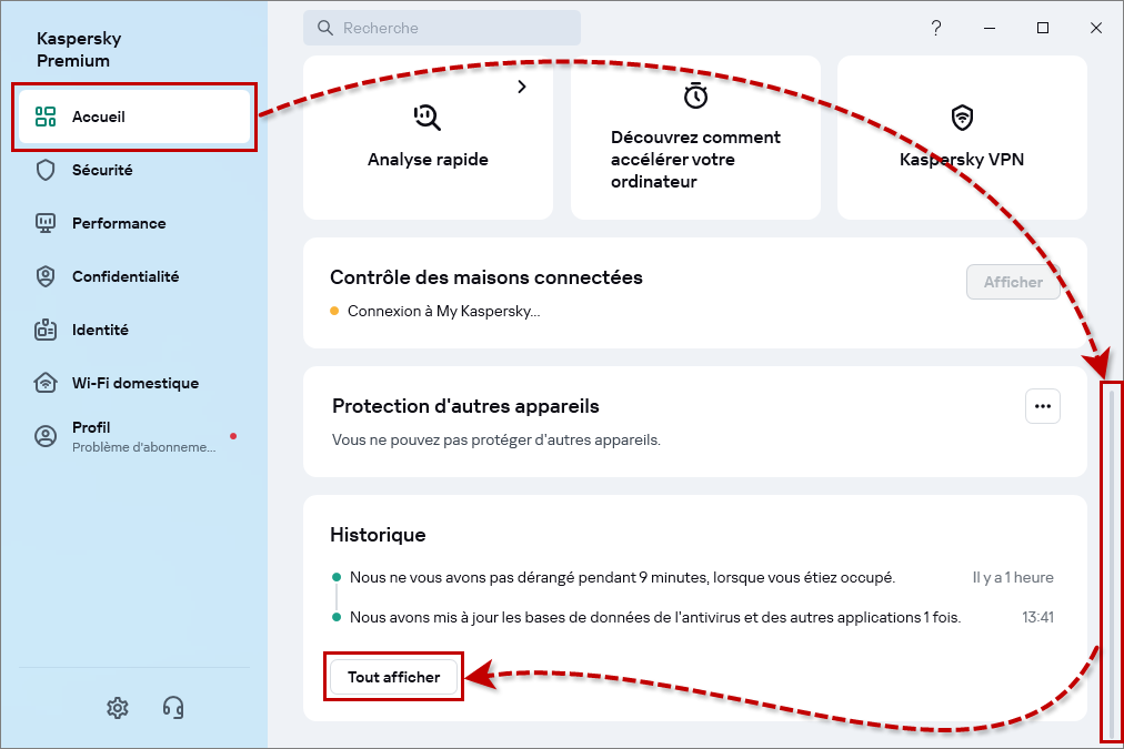 Afficher l'historique des événements dans l’application de Kaspersky.