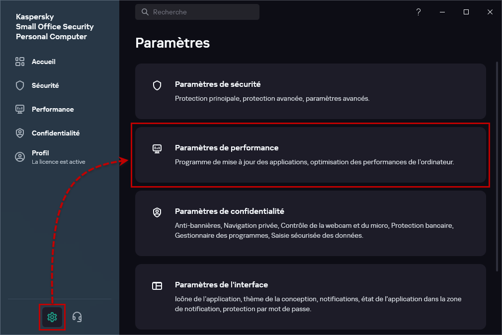 Accéder aux paramètres de performance dans Kaspersky Small Office Security.