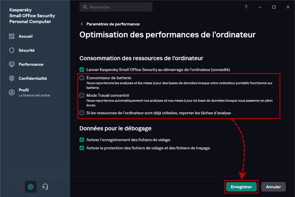 Ajuster les paramètres de la consommation de ressources de l'ordinateur dans Kaspersky Small Office Security.