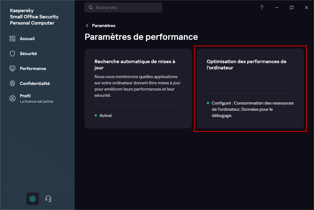 Accéder aux paramètres de la consommation de ressources de l'ordinateur dans Kaspersky Small Office Security.