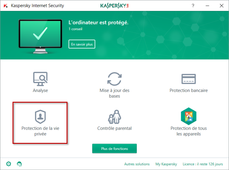 Image : dans la fenêtre principale de Kaspersky Internet Security 2018 sélectionnez Protection de la vie privée