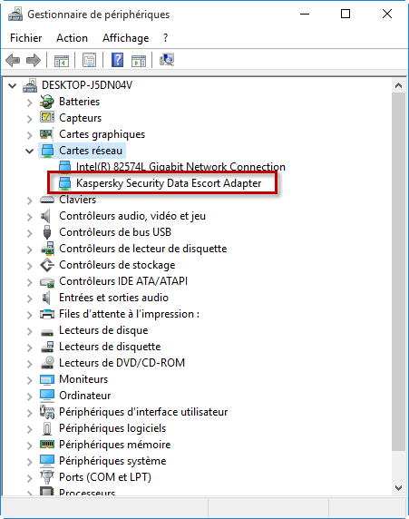 Kaspersky Security Data Escort Adapter dans le Gestionnaire de périphériques Windows