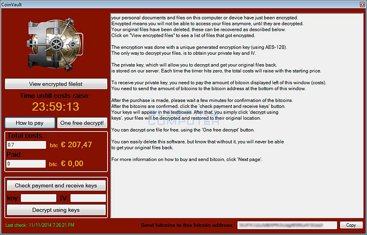Fenêtre du ransomware Trojan-Ransom.MSIL.CoinVault