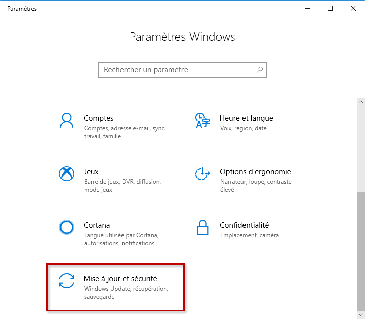 Accéder aux paramètres de la mise à jour et sécurité dans Windows 10