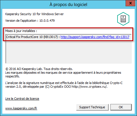 Consulter les informations sur les mises à jour installées dans Kaspersky Security 10 for Windows Server