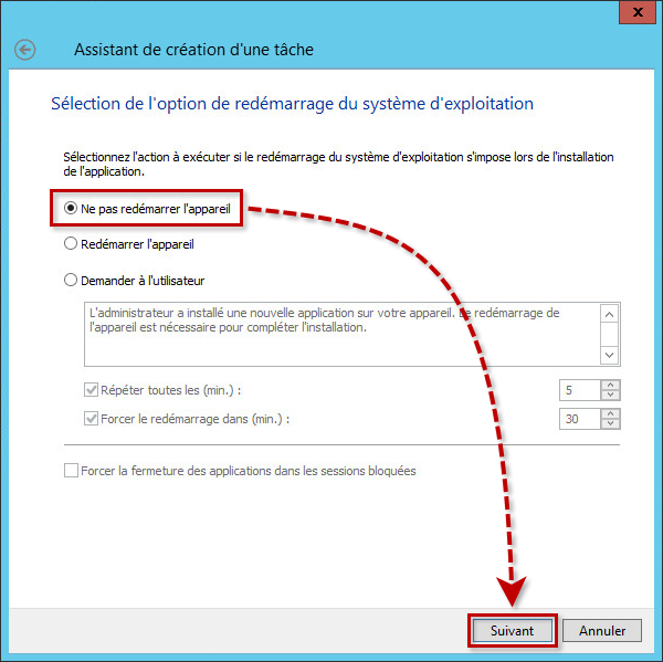 Sélectionner l'option de redémarrage du système d'exploitation lors de l'installation d'un correctif pour Kaspersky Security 10 for Windows Server 