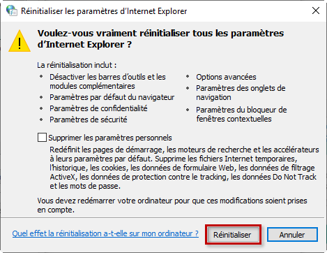 Confirmer la réinitialisation des paramètres du navigateur Internet Explorer.