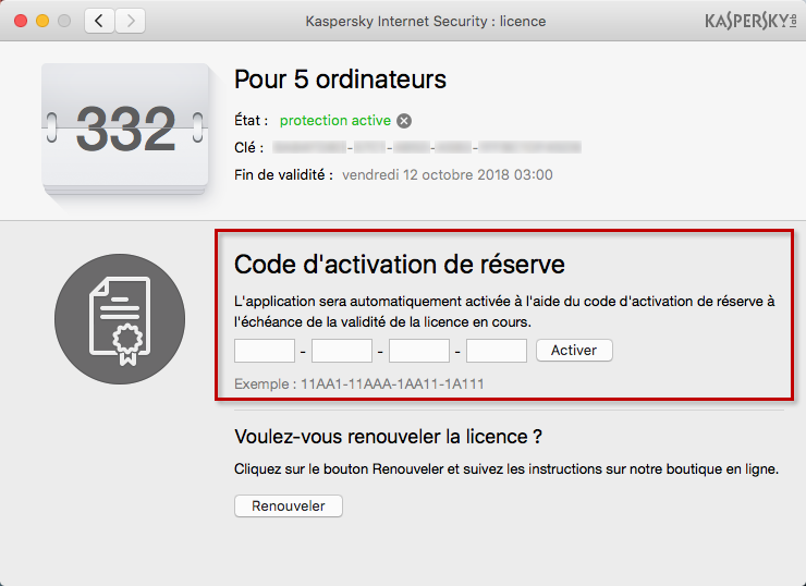 Image : la fenêtre Licence dans Kaspersky Internet Security 18 for Mac