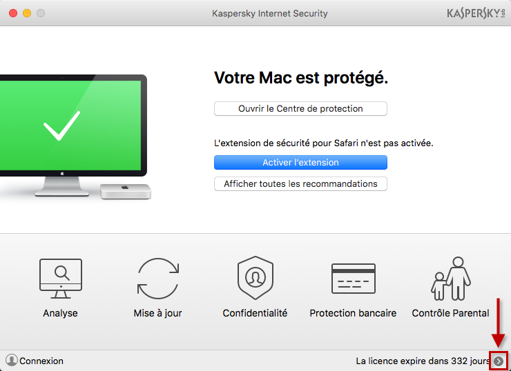 Image : fenêtre principale de Kaspersky Internet Security 18 for Mac