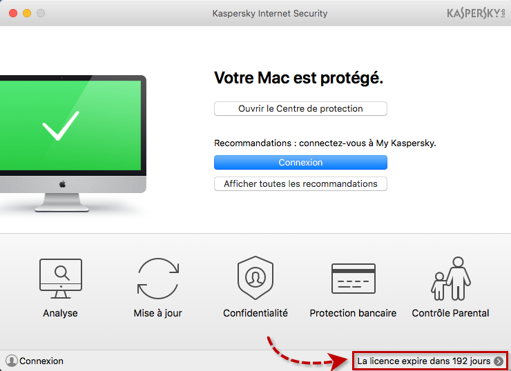 Image : fenêtre principale de Kaspersky Internet Security 18 for Mac.