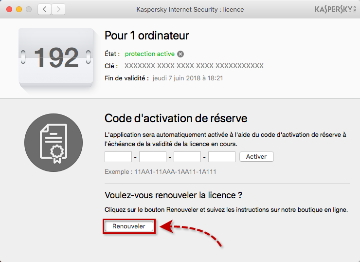 Image : accédez à la page de renouvellement de licence depuis Kaspersky Internet Security 18 for Mac.