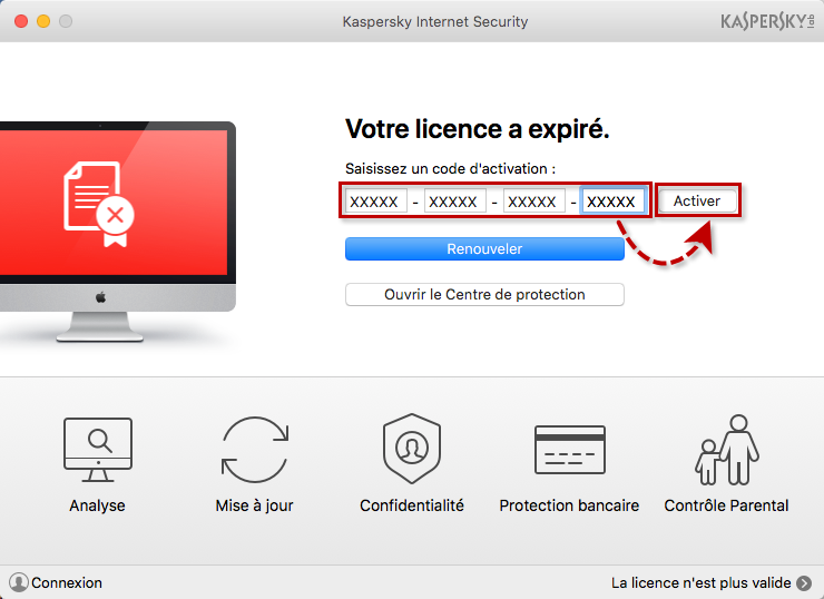 Image : saisie du code d'activation dans la fenêtre principale de Kaspersky Internet Security 18 for Mac.