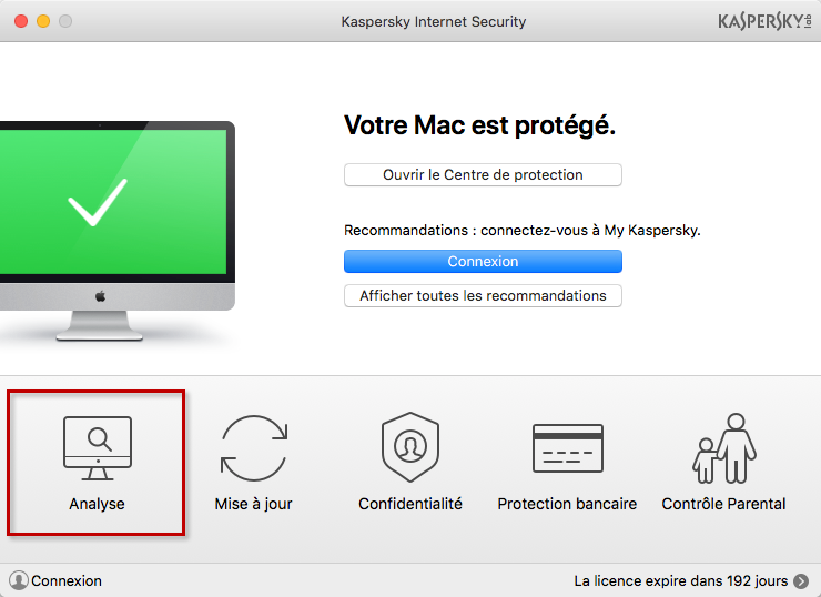 Image : fenêtre principale de Kaspersky Internet Security 18 for Mac.