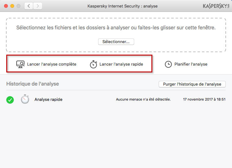 Image : sélection du type d'analyse dans Kaspersky Internet Security 18 for Mac.