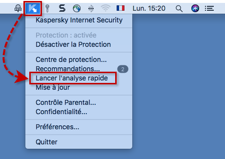 Image : lancement de l'analyse rapide depuis le menu contextuel de Kaspersky Internet Security 18 for Mac.