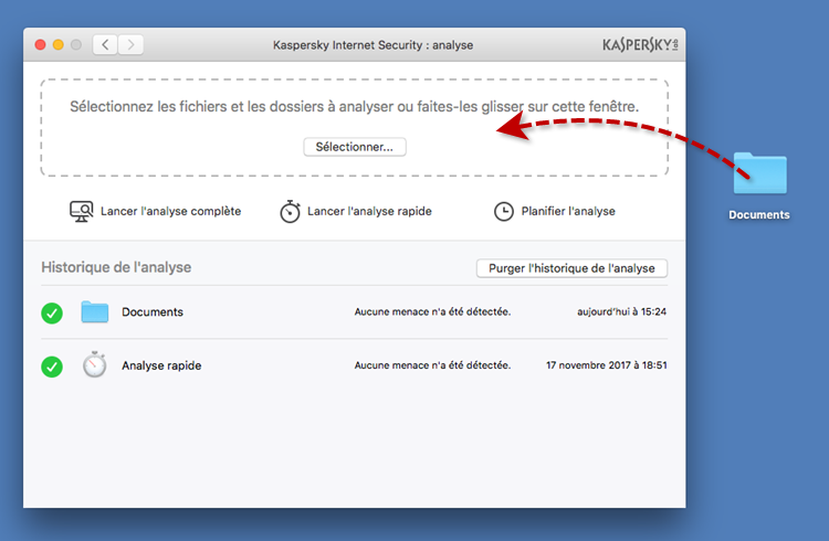 Image : ajout d'un fichier ou dossier à analyser dans Kaspersky Internet Security 18 for Mac.