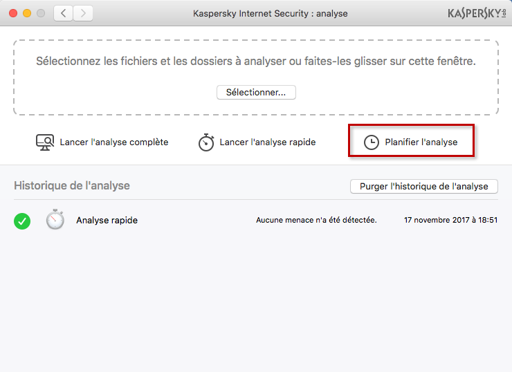 Image : le lien Planifier l'analyse dans Kaspersky Internet Security 18 for Mac.