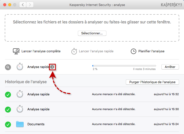 Image : informations sur l'analyse en cours d'exécution dans Kaspersky Internet Security 18 for Mac.