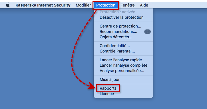 Image : menu Rapports dans Kaspersky Internet Security 18 for Mac.