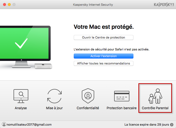 Image : dans la fenêtre principale de Kaspersky Internet Security 18 for Mac sélectionnez Contrôle Parental