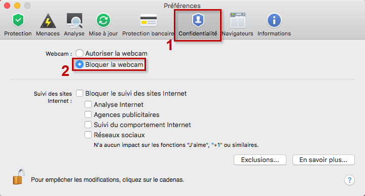 Image : dans les préférences de Kaspersky Internet Security 18 for Mac accédez à l'onglet Confidentialité et activez l'option Bloquer la webcam