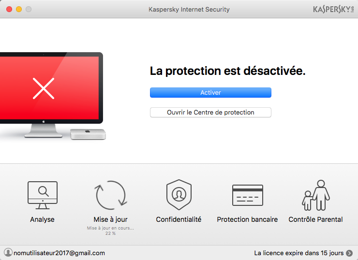 L'indicateur de la protection de Kaspersky Internet Security 18 for Mac est rouge