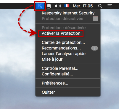 Activez ou désactivez la protection depuis le menu contextuel de l'icône de Kaspersky Internet Security 18 for Mac