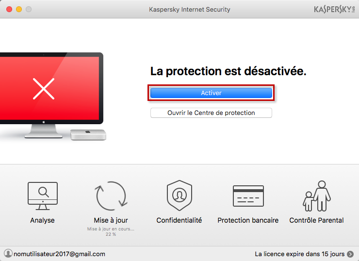 Activez la protection depuis la fenêtre principale de Kaspersky Internet Security 18 for Mac