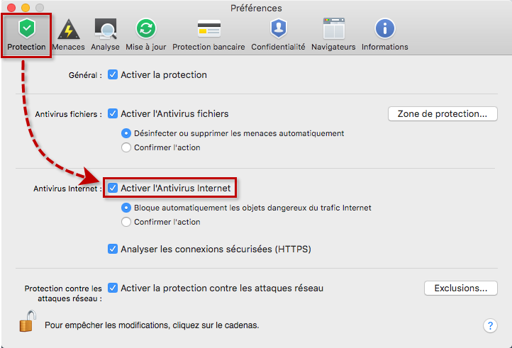 Image : activation de l'Antivirus Internet dans les préférences de Kaspersky Internet Security 18 for Mac.