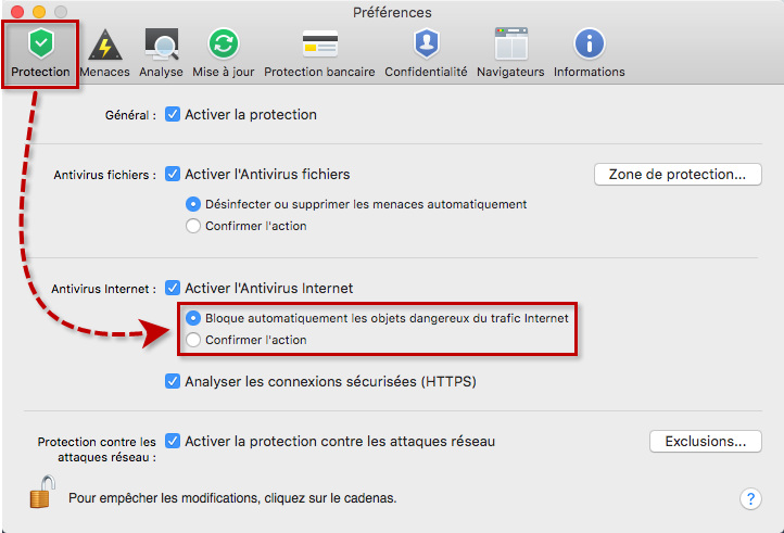 Image : configurer l'action en cas de détection d'une menace dans Kaspersky Internet Security 18 for Mac.