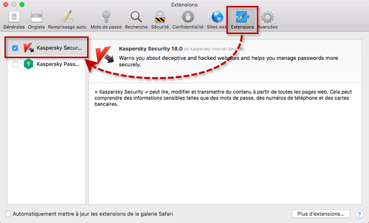 Image : activez l'extension Kaspersky Security dans les préférences de Safari.