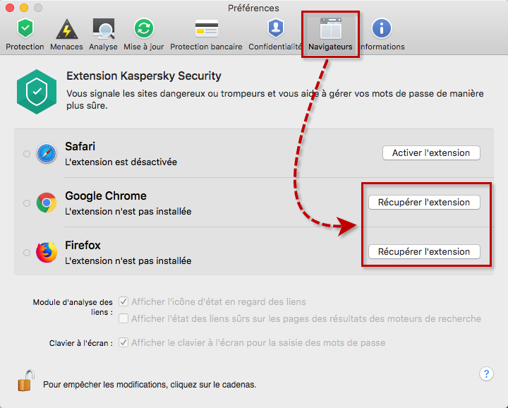 Image : installez l'extension dans Mozilla Firefox et Google Chrome dans les préférence de Kaspersky Internet Security 18 for Mac