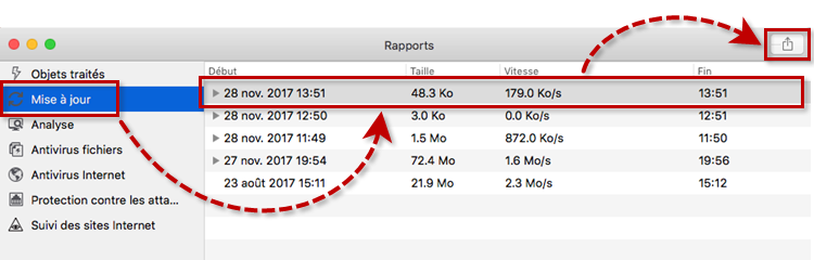 Image : exporter un rapport de mise à jour de Kaspersky Internet Security 18 for Mac.