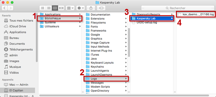 Image : l'emplacement des fichiers de traces de Kaspersky Internet Security 18 for Mac