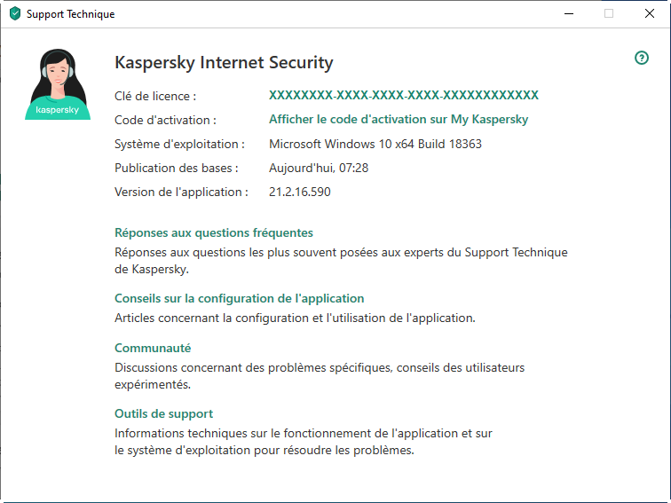 Fenêtre « Support Technique » dans une application de Kaspersky