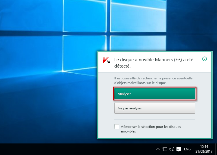 Image : notification sur un disque amovible connecté dans Kaspersky Anti-Virus 2018