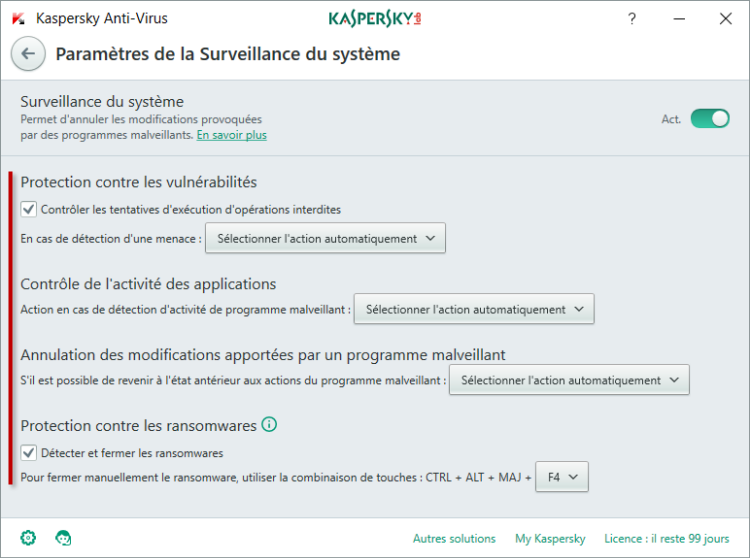 Image : paramètres de la Surveillance du système dans Kaspersky Anti-Virus 2018