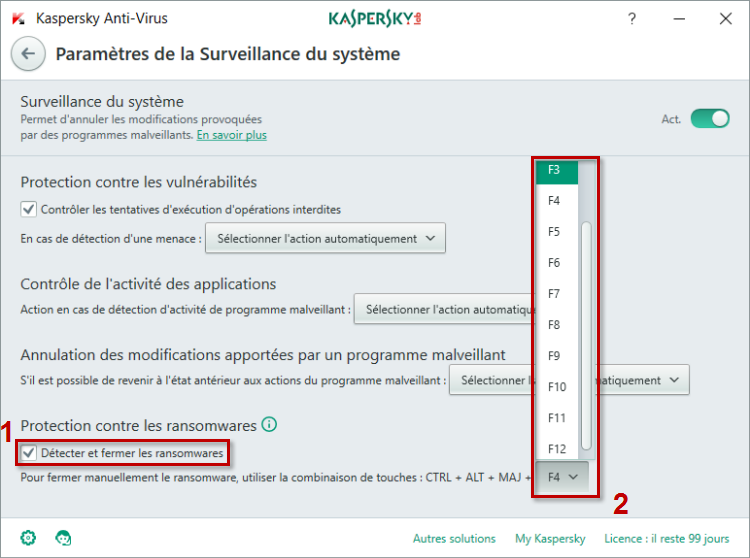 Image : paramètres de la Surveillance du système dans Kaspersky Anti-Virus 2018