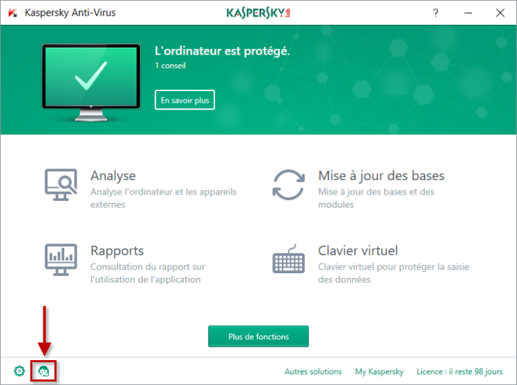 Image : cliquez sur le bouton Support Technique dans la fenêtre principale de Kaspersky Anti-Virus 2018