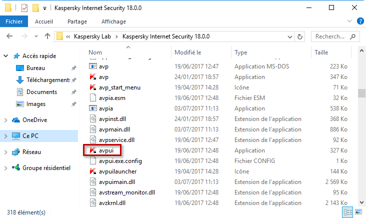 Image : fichier avpui.exe dans le dossier d’installation de Kaspersky Internet Security 2018