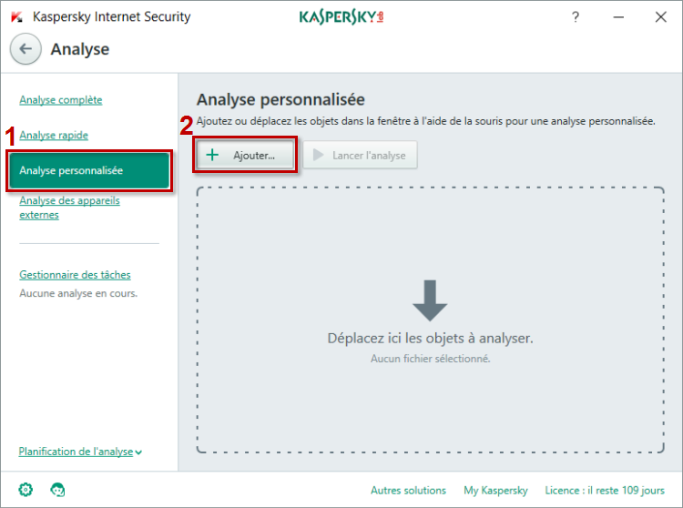 Image : ajoutez les fichiers à analyser dans Kaspersky Internet Security 2018