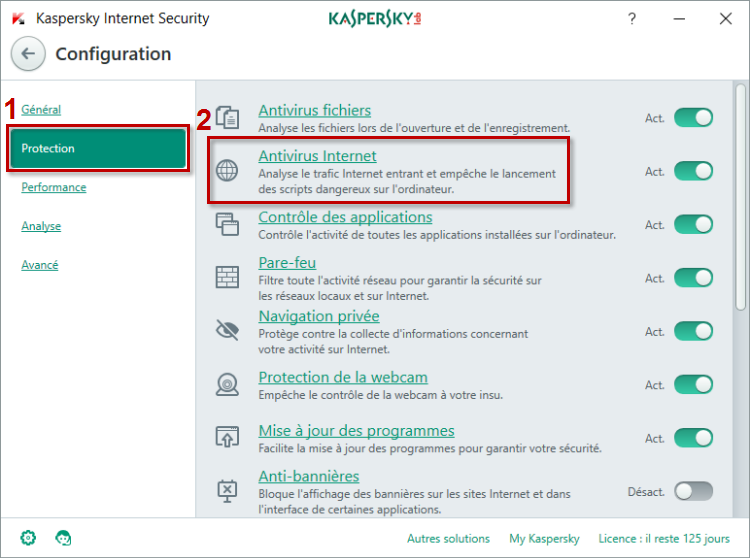 Accédez aux paramètres de l'Antivirus Internet dans Kaspersky Internet Security 2018
