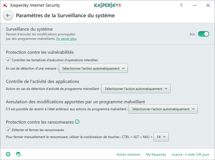 Image : paramètres de la Surveillance du système dans Kaspersky Internet Security