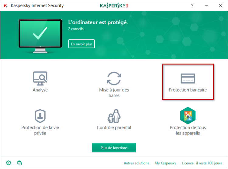 Image : sélectionnez Protection bancaire dans la fenêtre principale de Kaspersky Internet Security 2018