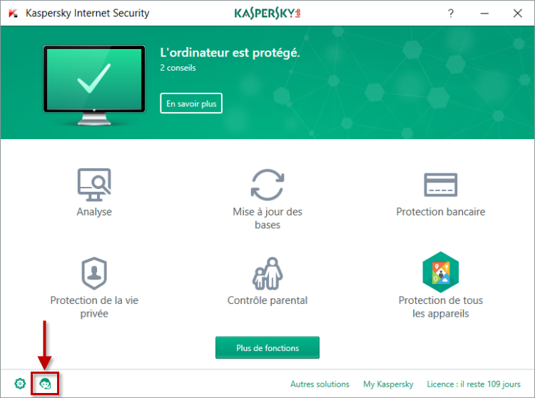 Image : cliquez sur le bouton Support Technique dans la fenêtre principale de Kaspersky Internet Security 2018