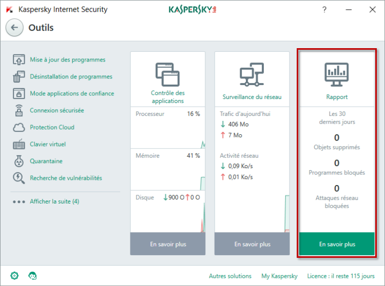Image : accédez aux rapports de Kaspersky Internet Security 2018 