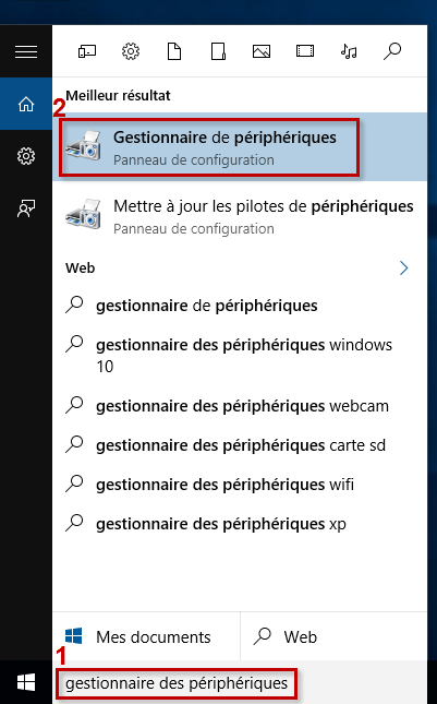 Image : ouvrir le Gestionnaire de périphériques sous Windows 10