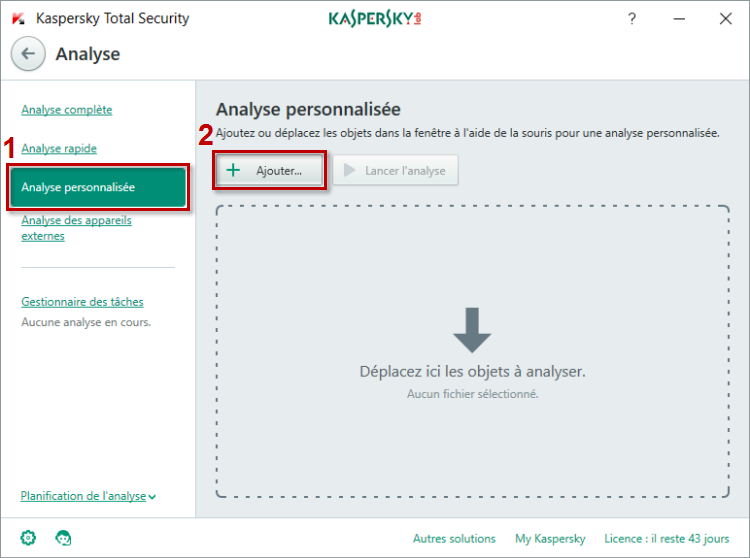 Image : ajoutez les fichiers à analyser dans Kaspersky Total Security 2018